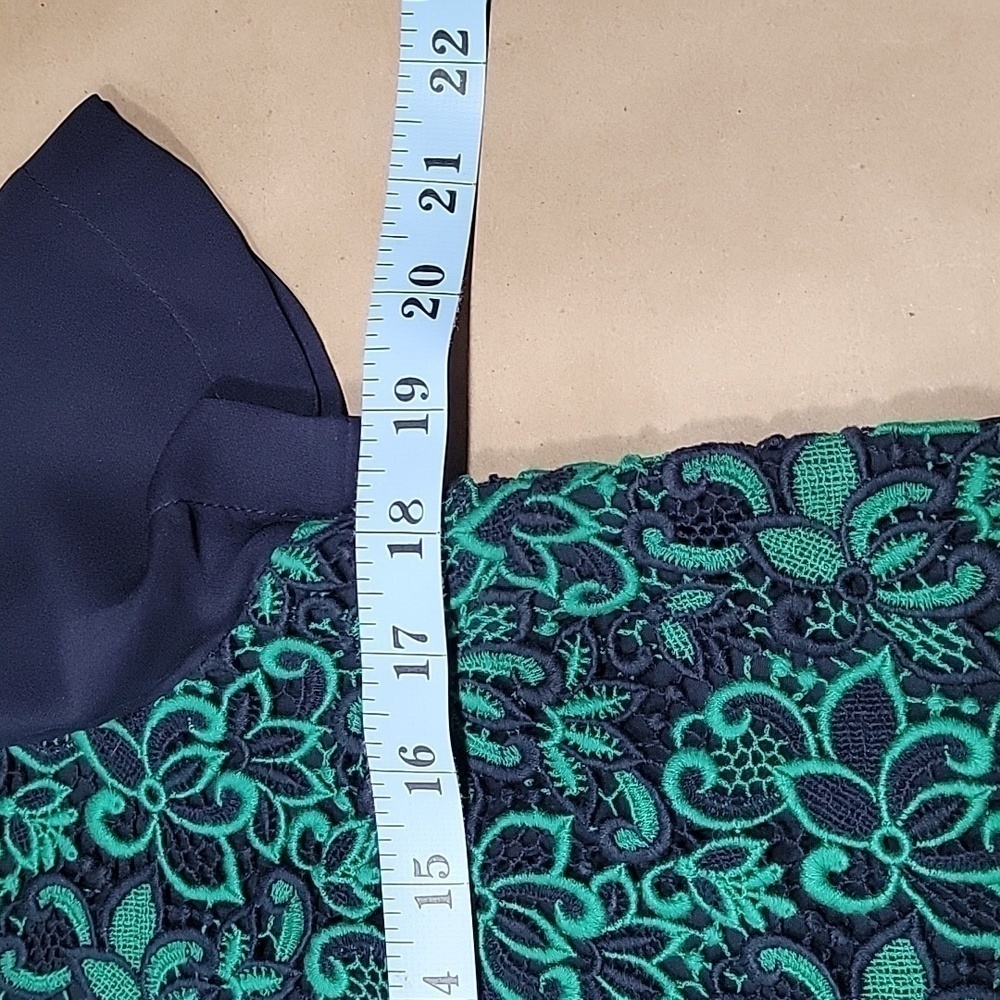 J. Crew Collection, Navy with Green Embroidered Lace Top, Silk Sleeves, Size 8 - Picture 9 of 14